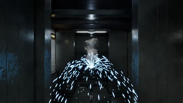A cut wall separates in a burst of blue sparks inside an industrial spacecraft.