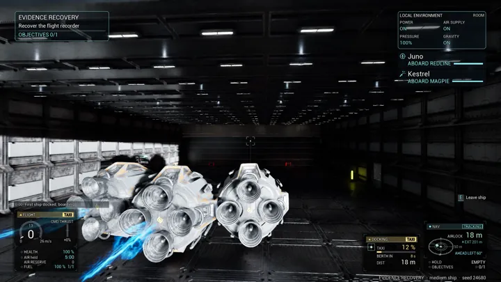 Two small salvage ships enter a wreck hangar side by side with engines lit.