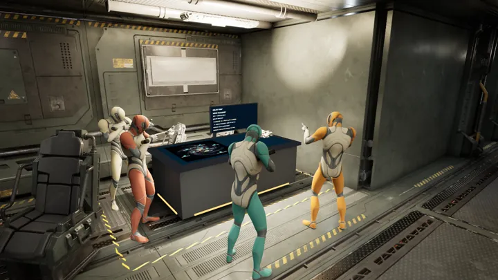 Four suited crew members gather around the galaxy navigation table aboard the hub frigate.