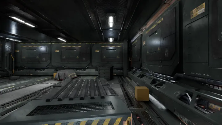 A newly opened bulkhead leads into a cargo room with containers and overhead strip lights.