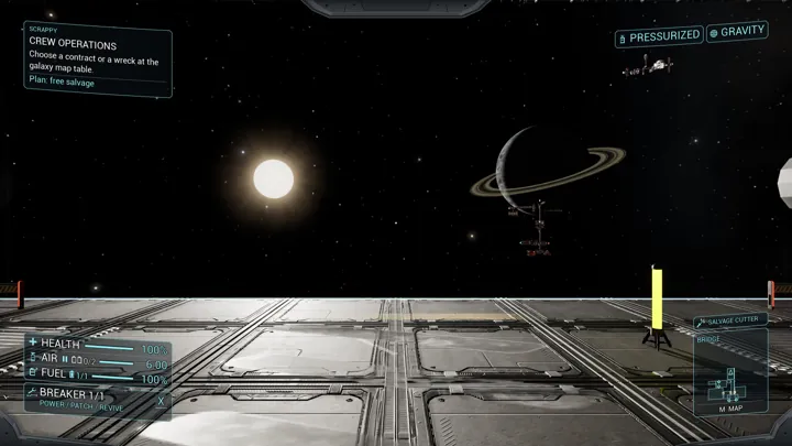 The open hangar mouth frames stars, a bright sun and a ringed planet beyond the deck.