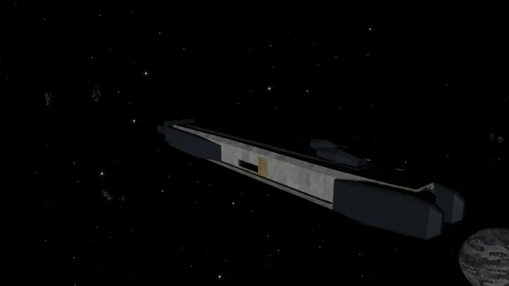 An abandoned frigate is viewed at a three-quarter angle against stars and a nearby celestial body.