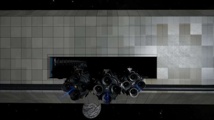 Three small salvage ships approach a rectangular hangar opening in the unfinished plated hull of a derelict.