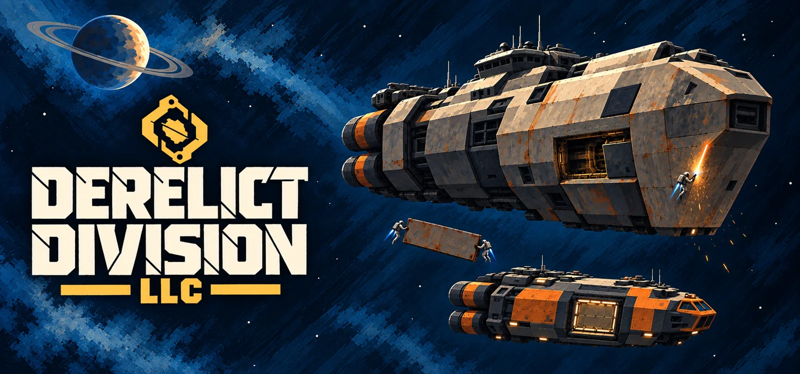 Derelict Division illustrated key art: salvage workers and frigates beneath a ringed planet.